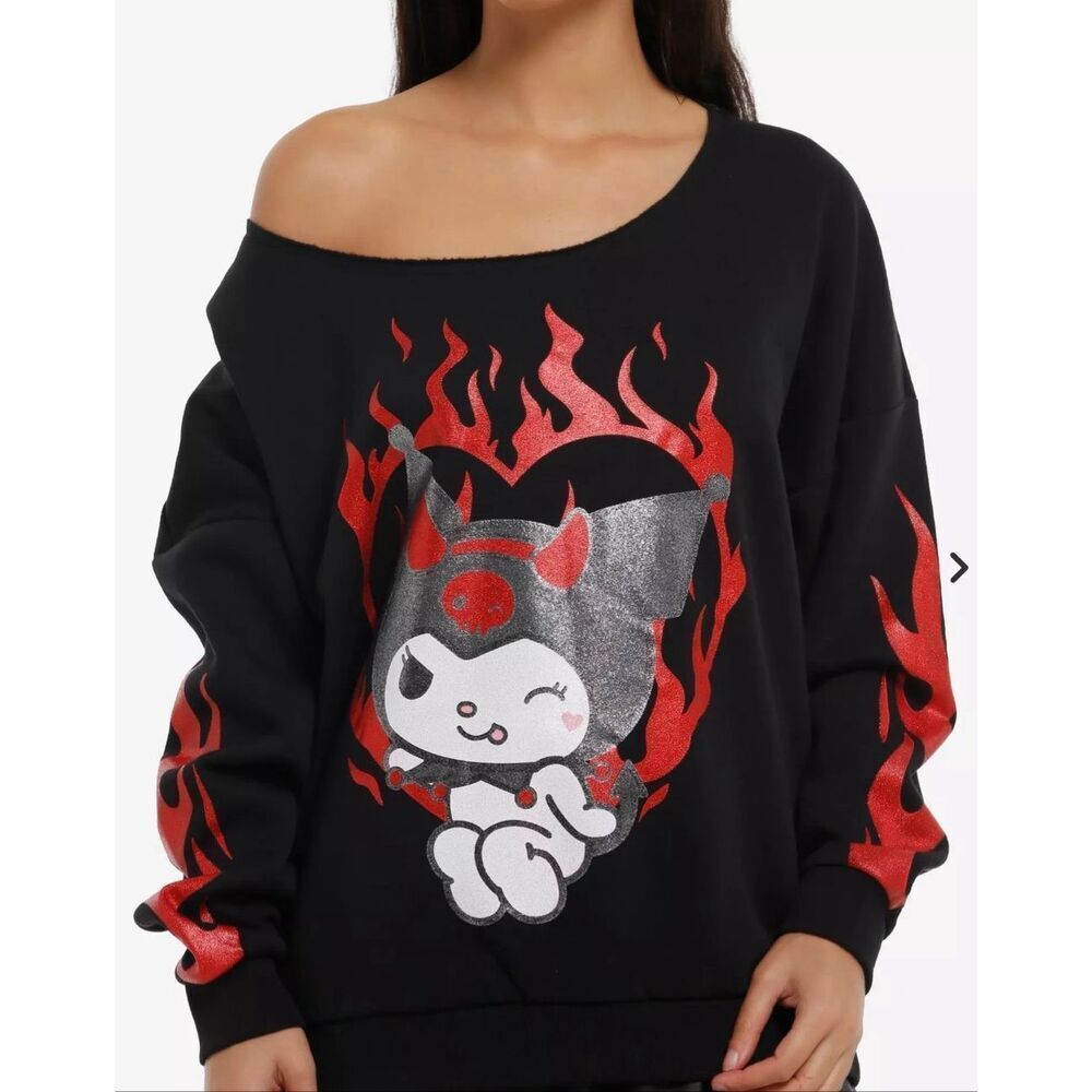 Sanrio Kuromi Heart Glitter Flame Off-Shoulder Sweatshirt Size Medium Nwot - Picture 7 of 7
